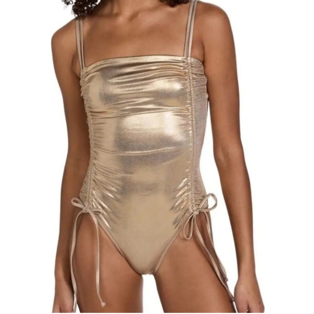 Good American Ruched Metallic Gold One Piece Swimsuit Plus Size